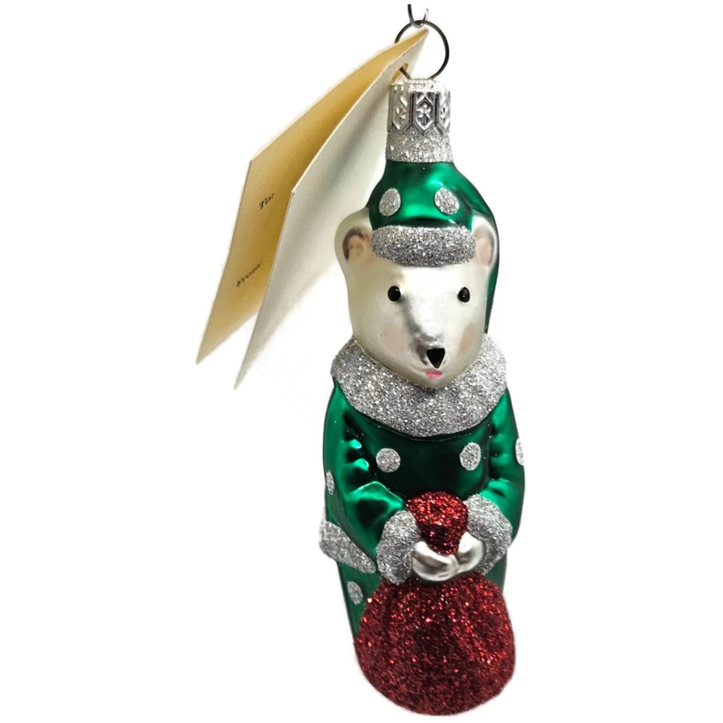 Patricia Breen Festive Mouse Green Silver Dots Glass Christmas Tree Ornament