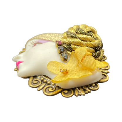 Vintage Porcelain Lady Cameo Brooch Rhinestones Gold Tone Metal Filigree