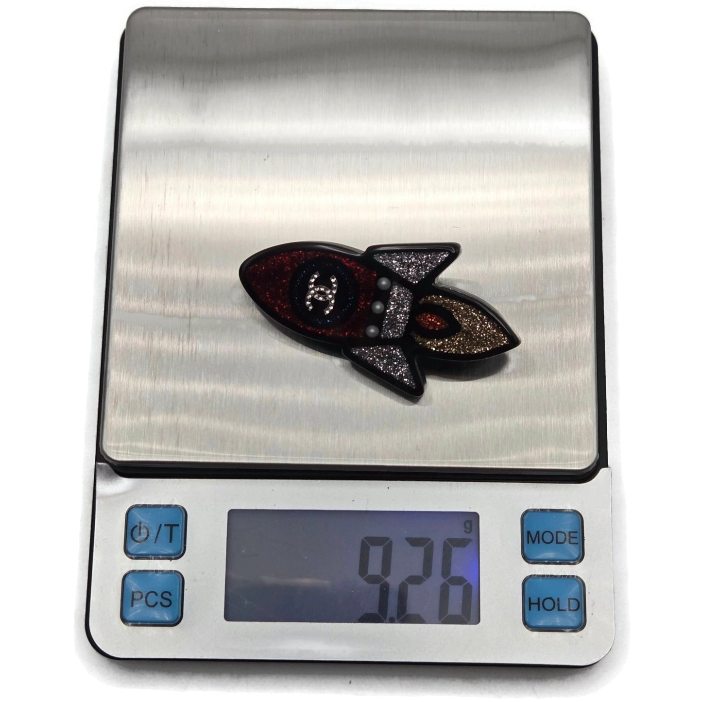 Chanel Rocket Brooch 17S A89416 Space Ship Pin Black Red Grey Glitter Rare Resin