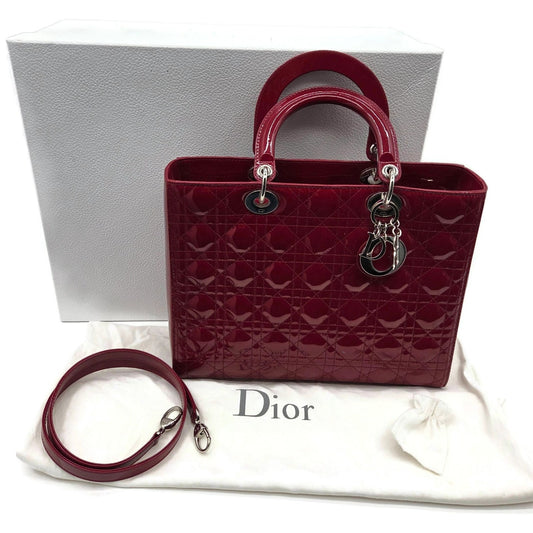 Christian Dior Lady Dior Red Patent Leather Quilted Cannage Bag Strap Box Dust