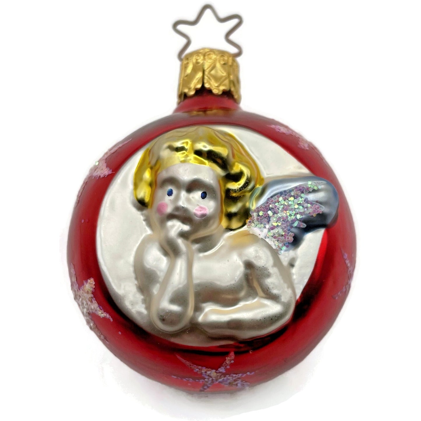 Inge Glass Ornament Cherub Angel Red Orb Stars Old World Christmas Tree Decor