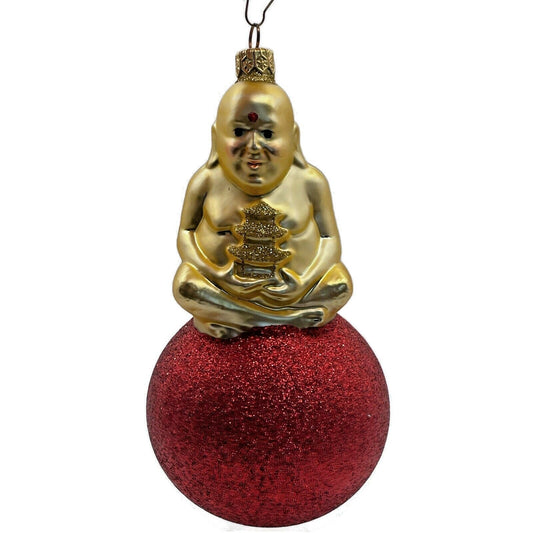 Patricia Breen Ornament Buddha on Ball Gold Red Glittered Ball Christmas Tree