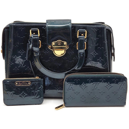 Louis Vuitton Melrose Avenue Monogram Vernis Bleu Nuit Bag Wallet Coin Pouch Set