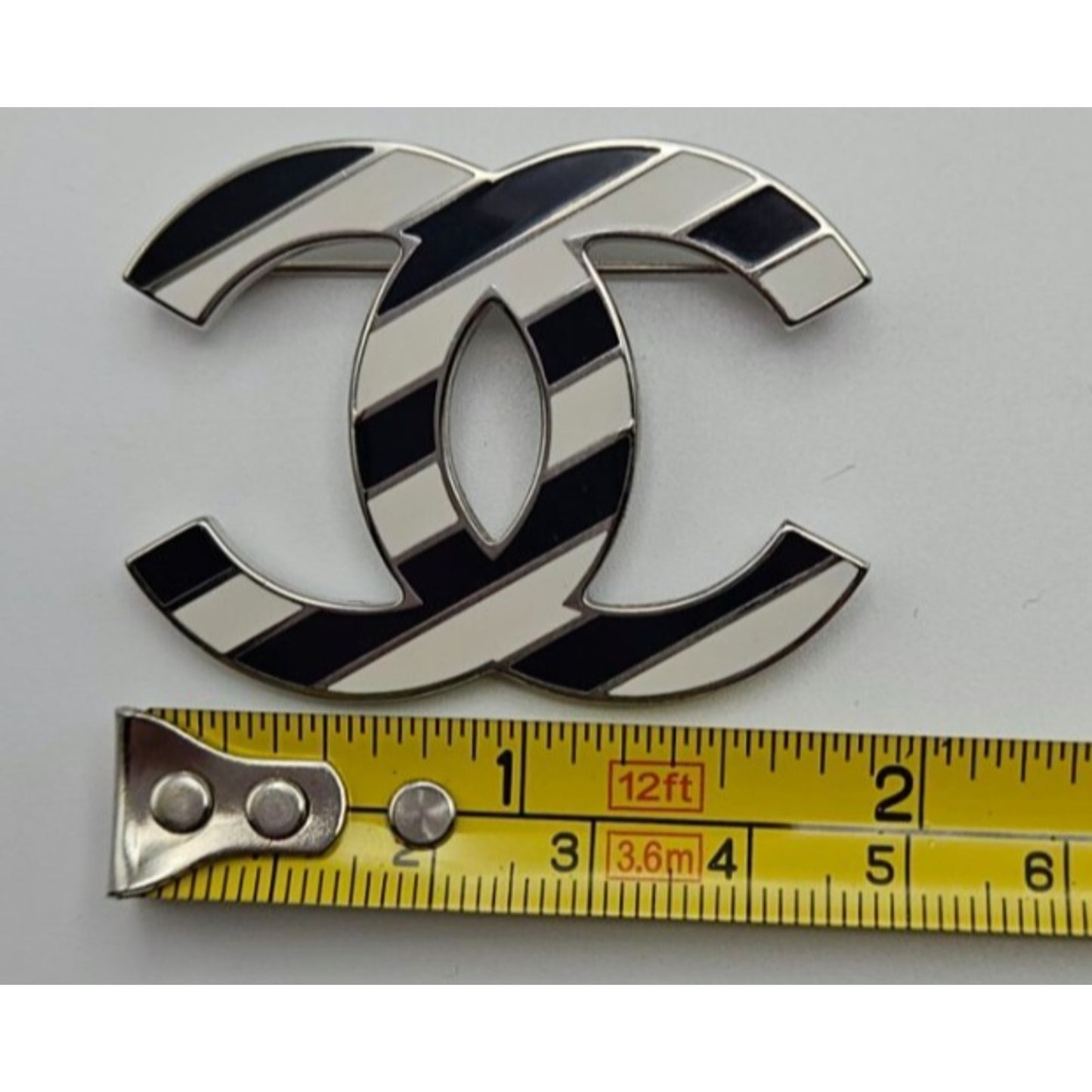 Co Co Chanel Brooch Pin Striped Enamel White Navy Blue with Velvet Pouch Box Tag