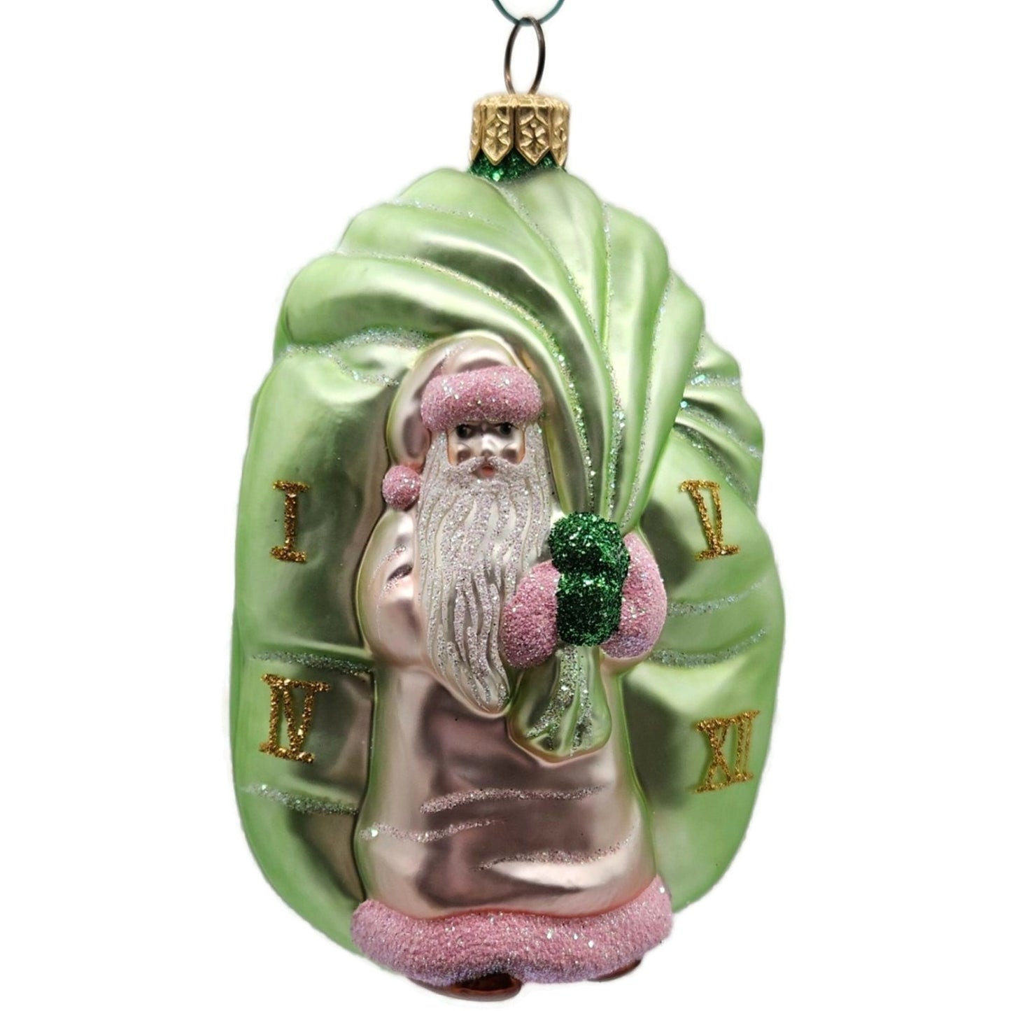 Patricia Breen Advent Santa Roman Numerals Pink Green Bag Christmas Ornament