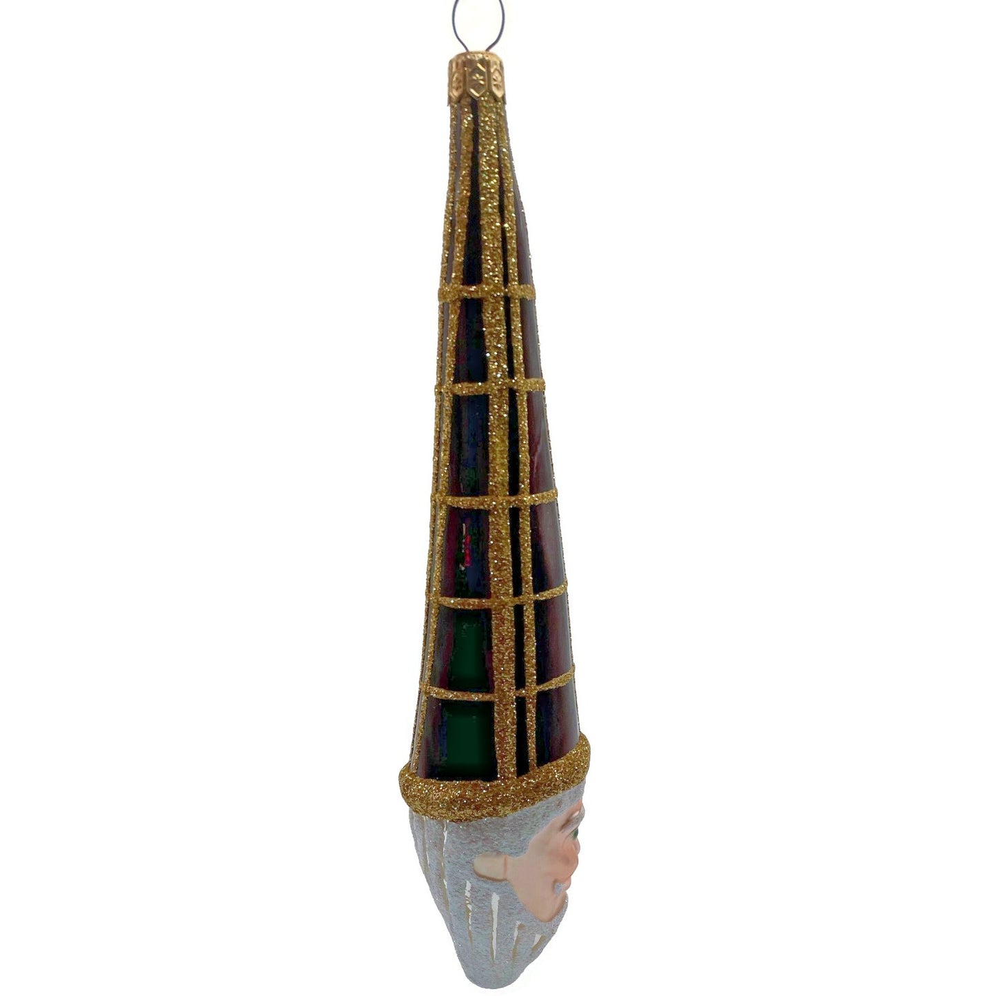 Patricia Breen Winter Wizard Bordeaux Plaid Gold Santa Head Christmas Ornament