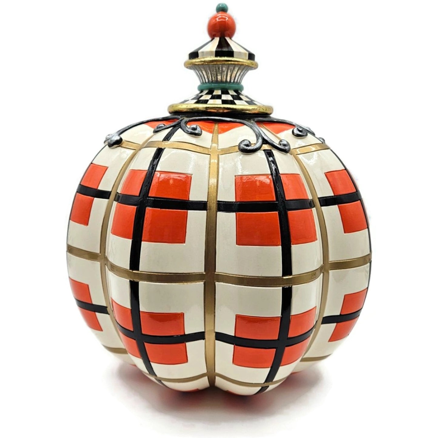 MacKenzie-Childs Parchment Check Pumpkin Halloween Plaid Orange Black