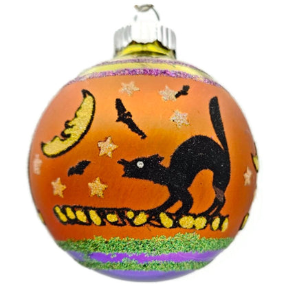 Christopher Radko Shiny Brite Orange Black Cat Glass Ball Halloween Ornament