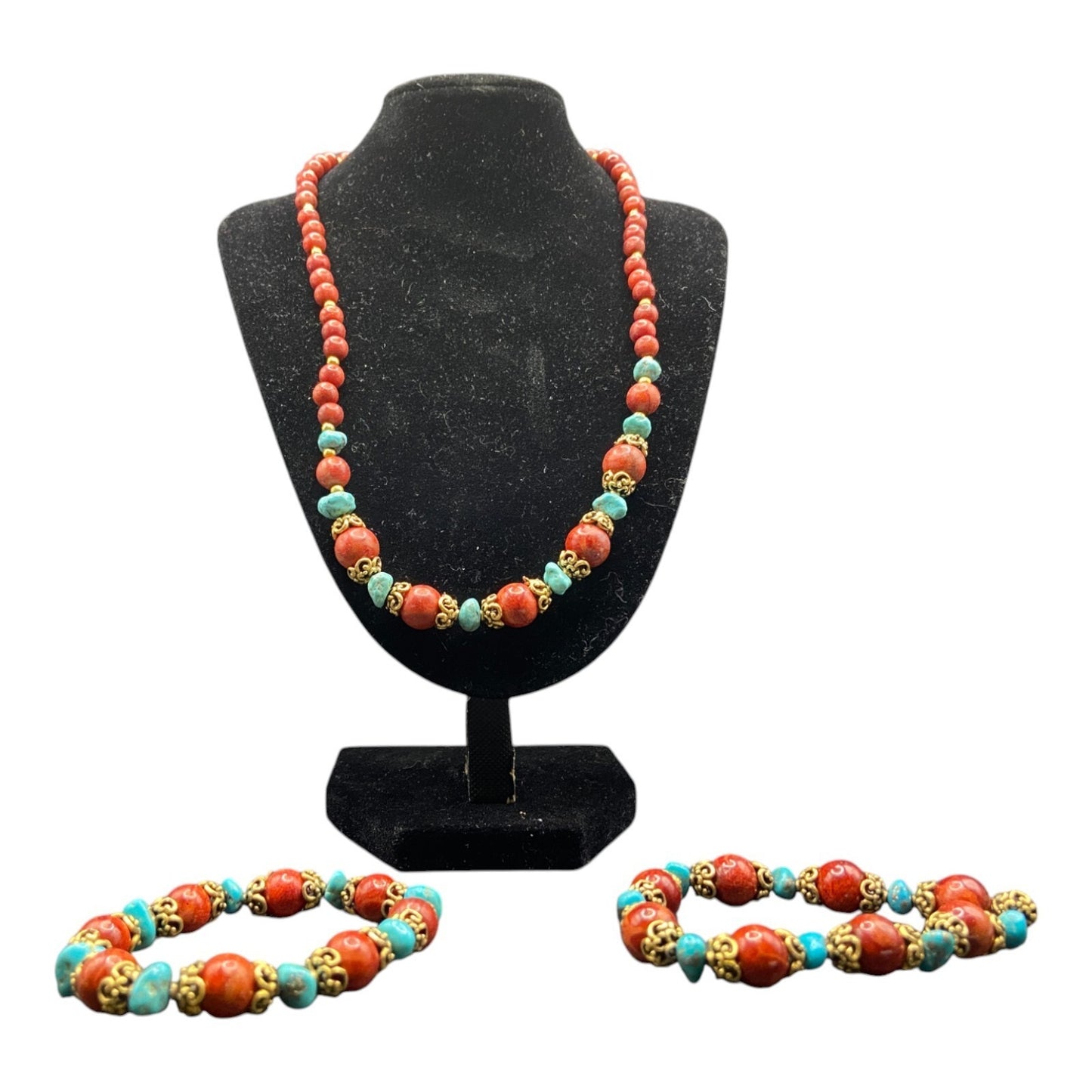 3 Pc Set Sponge Coral Turquoise Beaded Necklace Bracelets Gold Tone Metal