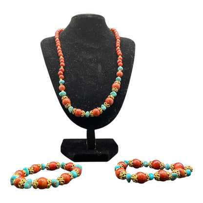 3 Pc Set Sponge Coral Turquoise Beaded Necklace Bracelets Gold Tone Metal