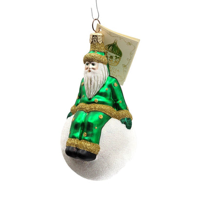 Patricia Breen Snowbound Santa Green Gold Glittered Dots Christmas Tree Ornament