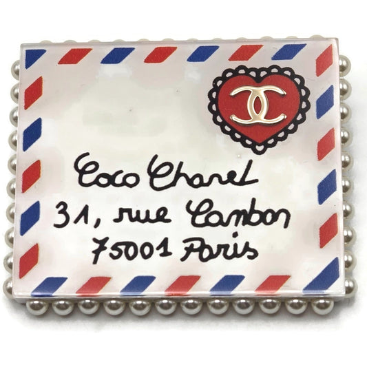 Chanel 19C Rue Cambon Paris Letter Brooch Pin AB0919 CC Logo Pearl Airmail Blue