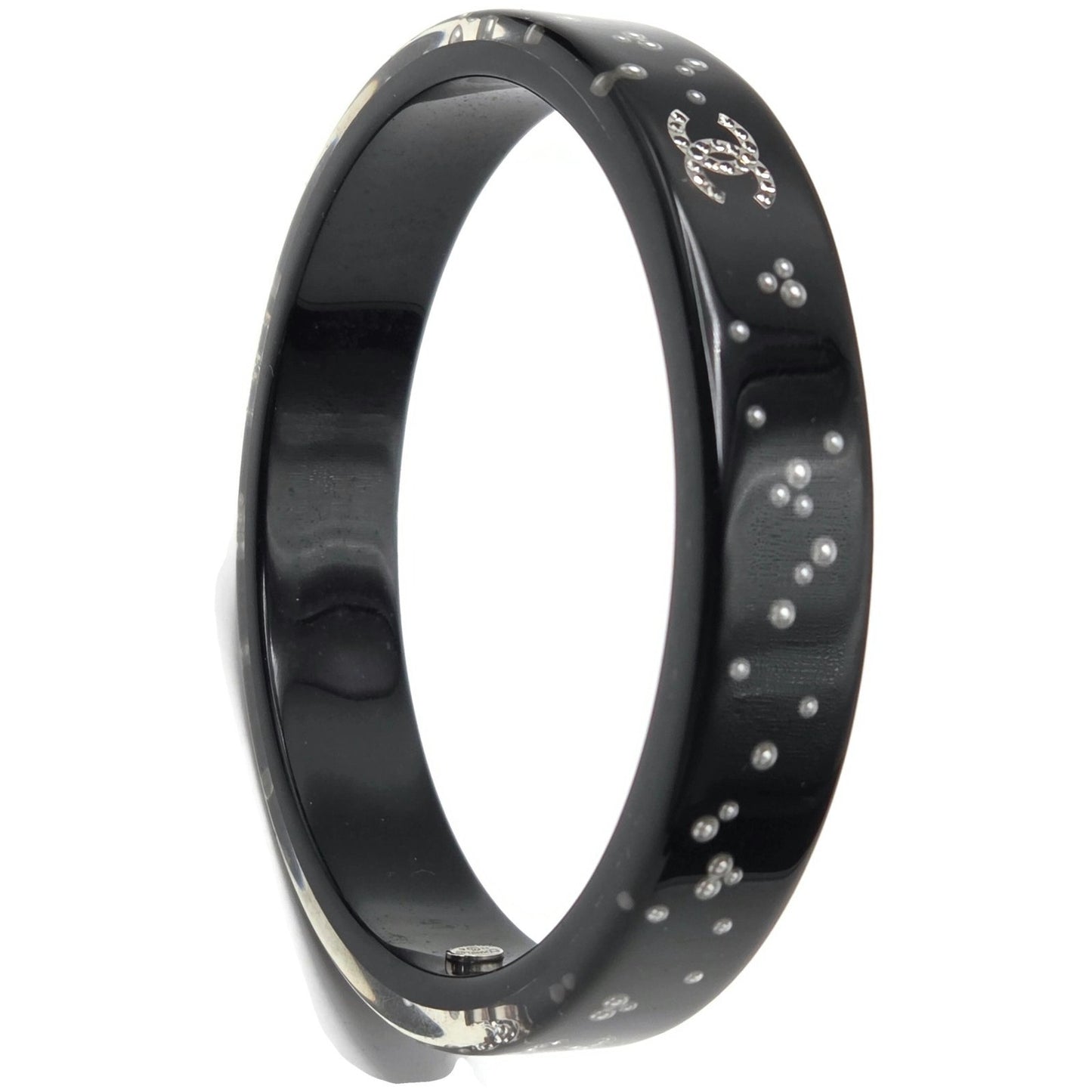 Chanel Black Resin Faux Pearl Crystal CC Logo Details Bangle Bracelet Jewelry