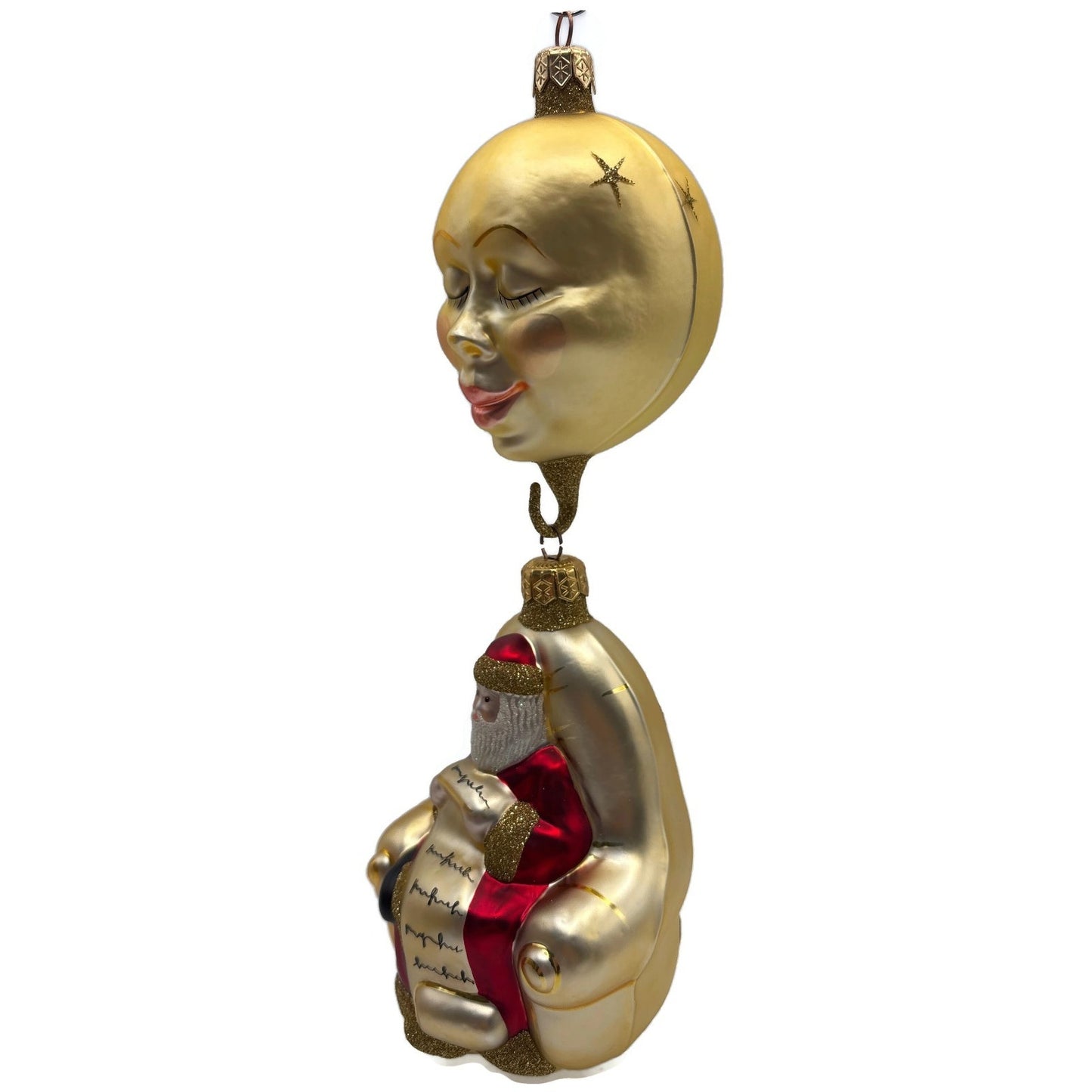 Patricia Breen Checking His List Gold Red Matte Moon Stars Christmas Ornament