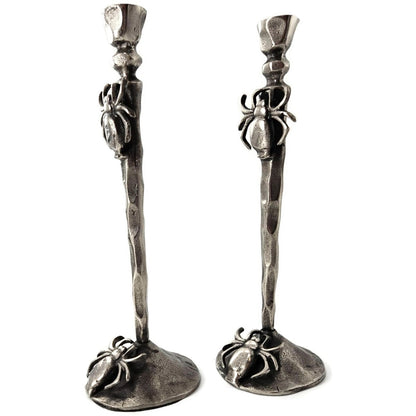 Gothic Halloween Spooky Spider Black Metal Taper Candle Holder Decor Set of 2