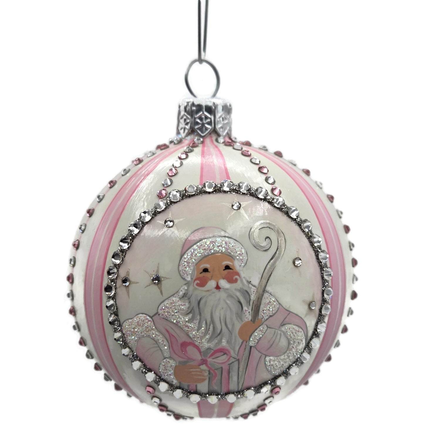 Patricia Breen Beguiling Orb Striped Pink Santa Claus Christmas Ornament CATZ VR
