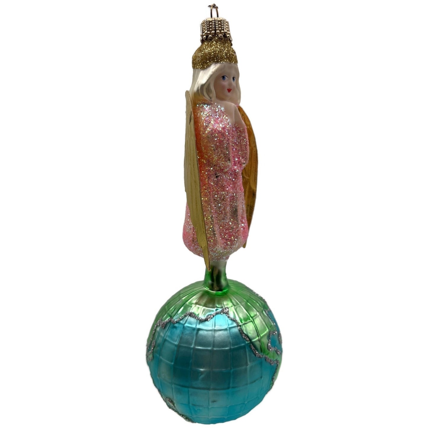 Larry Fraga Angel Of World Peace Gold Wings Glitter Glass Christmas Ornament