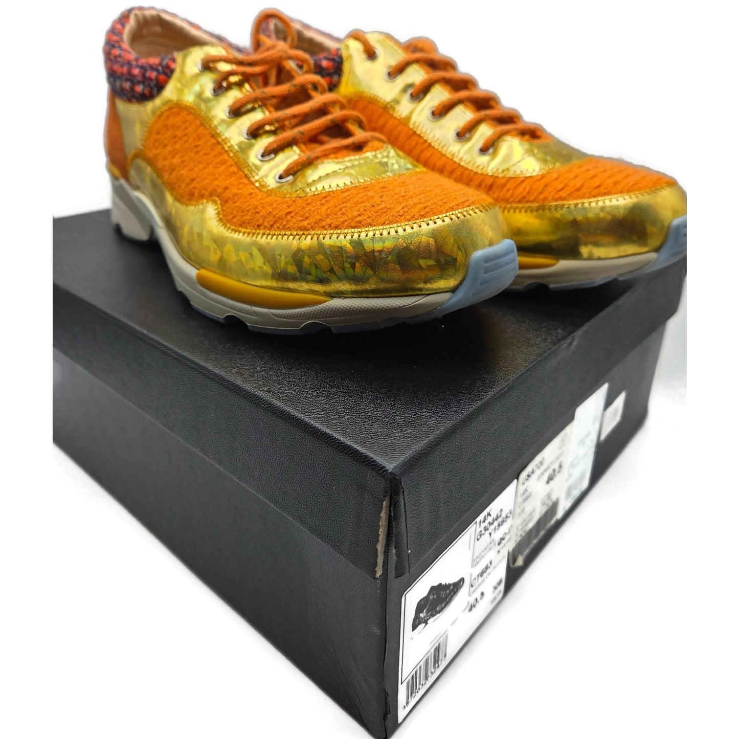 Chanel 14K Supermarket Orange Tweed PVC Suede Gold Sneakers Women EU Size 40.5