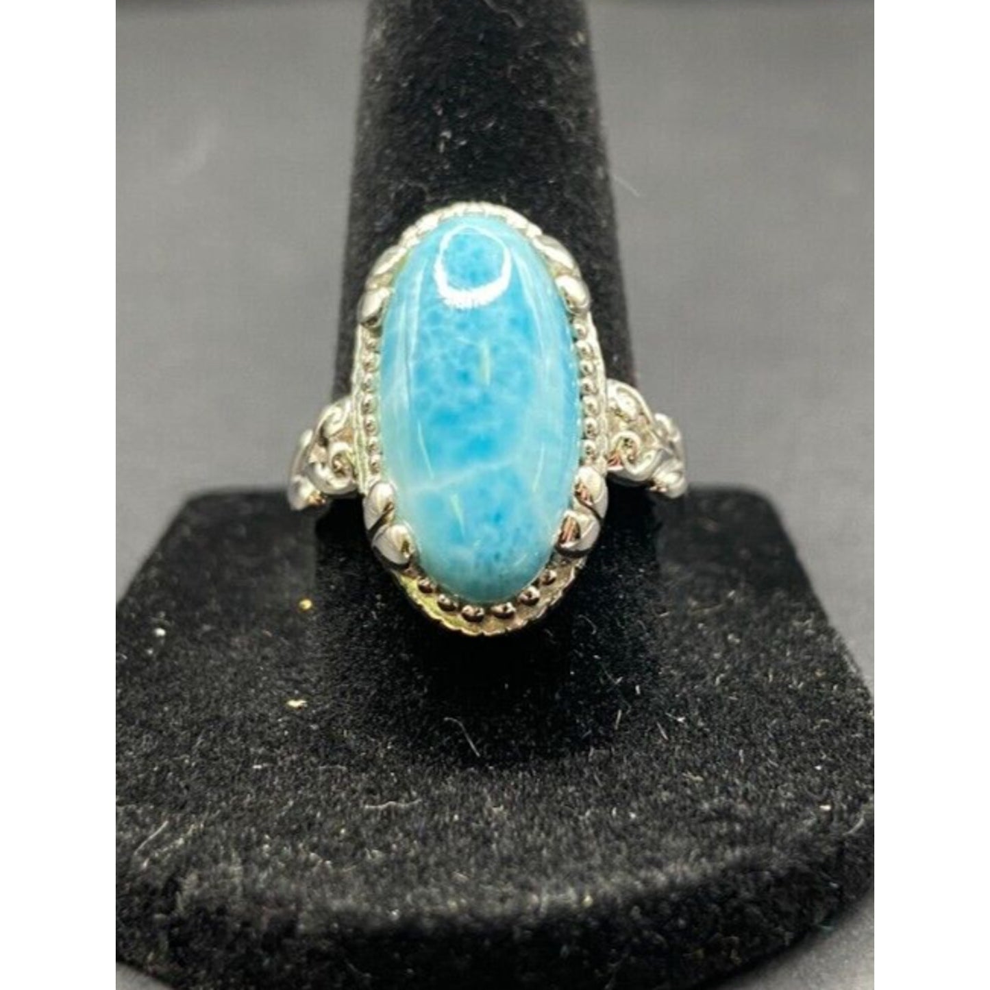 Larimar Gemstone Ring Oval Gemstone 925 Stering Silver JS Thailand Size 8