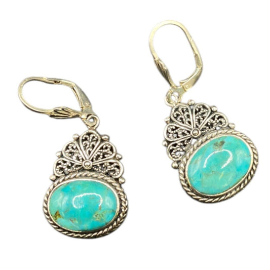 Turquoise Oval Earrings Sterling Silver Leverback Blue Gemstone NOA Thailand