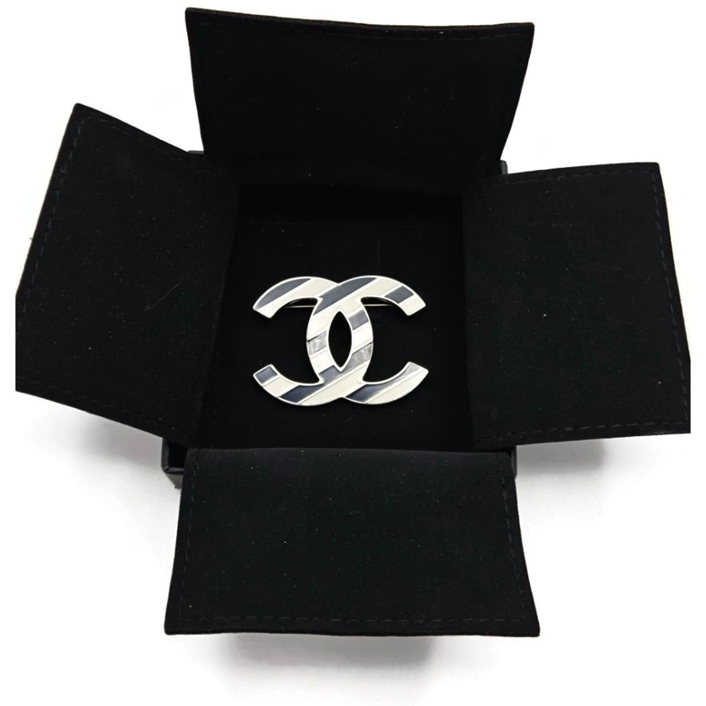 Co Co Chanel Brooch Pin Striped Enamel White Navy Blue with Velvet Pouch Box Tag