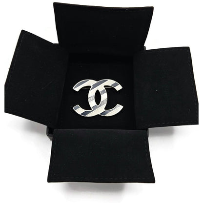 Co Co Chanel Brooch Pin Striped Enamel White Navy Blue with Velvet Pouch Box Tag