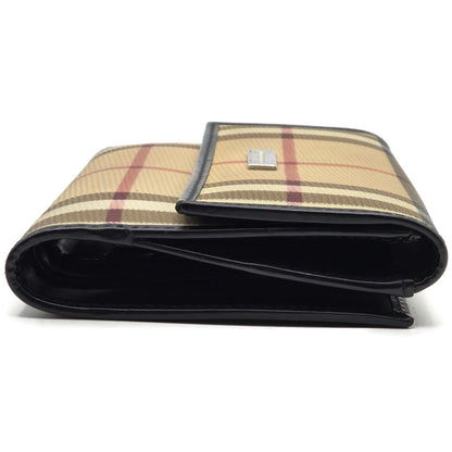 Burberry London Vintage Nova Check Leather Snap Bi-Fold Wallet Black Beige Plaid