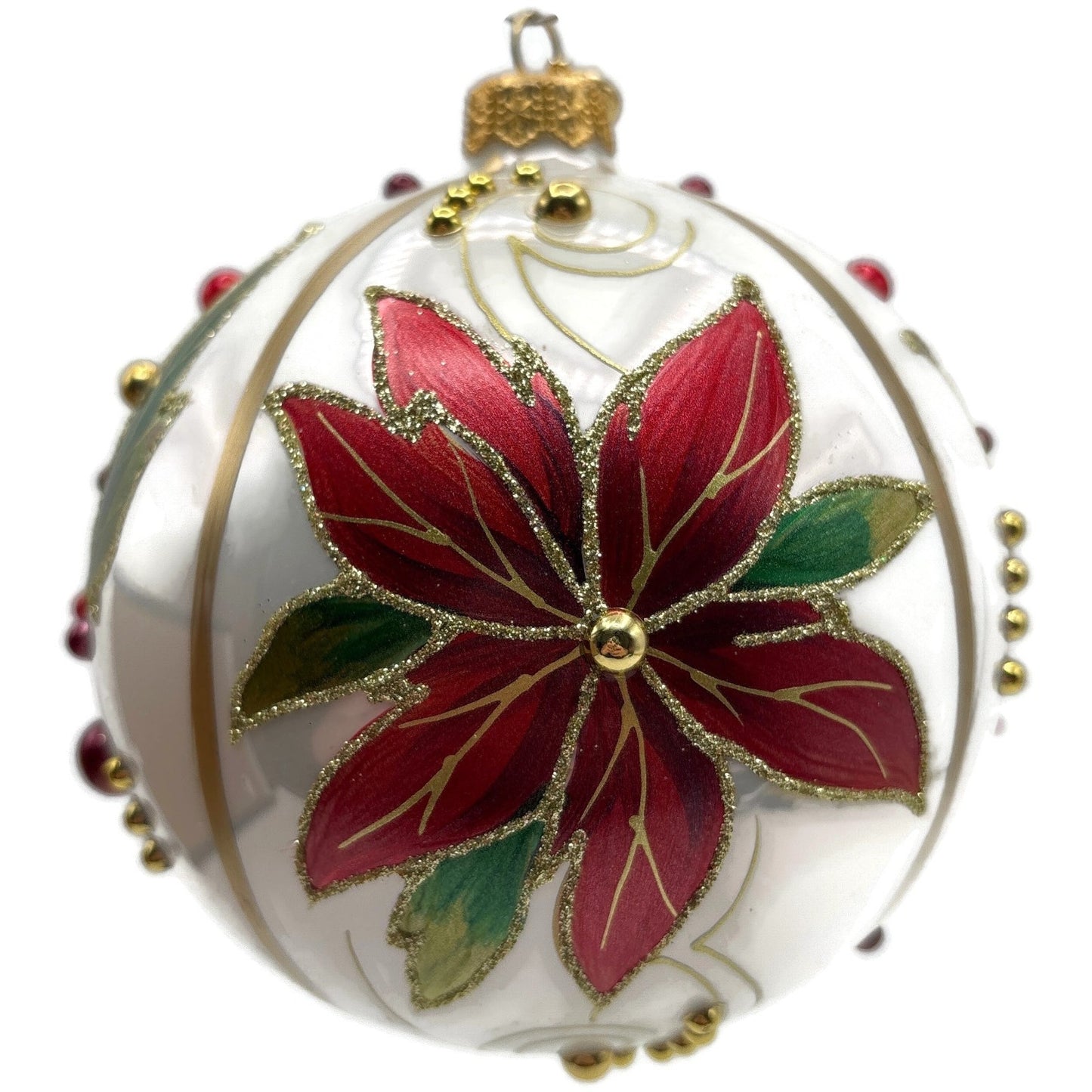 Glitter Lab Christmas Patterns Poinsettia Leaves White Orb Ball Holiday Ornament