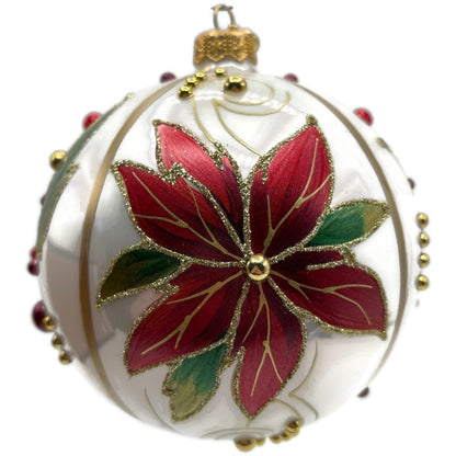 Glitter Lab Christmas Patterns Poinsettia Leaves White Orb Ball Holiday Ornament