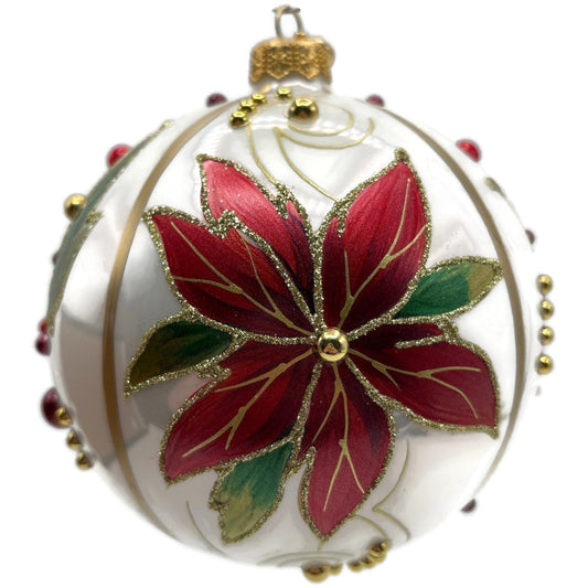 Glitter Lab Christmas Patterns Poinsettia Leaves White Orb Ball Holiday Ornament
