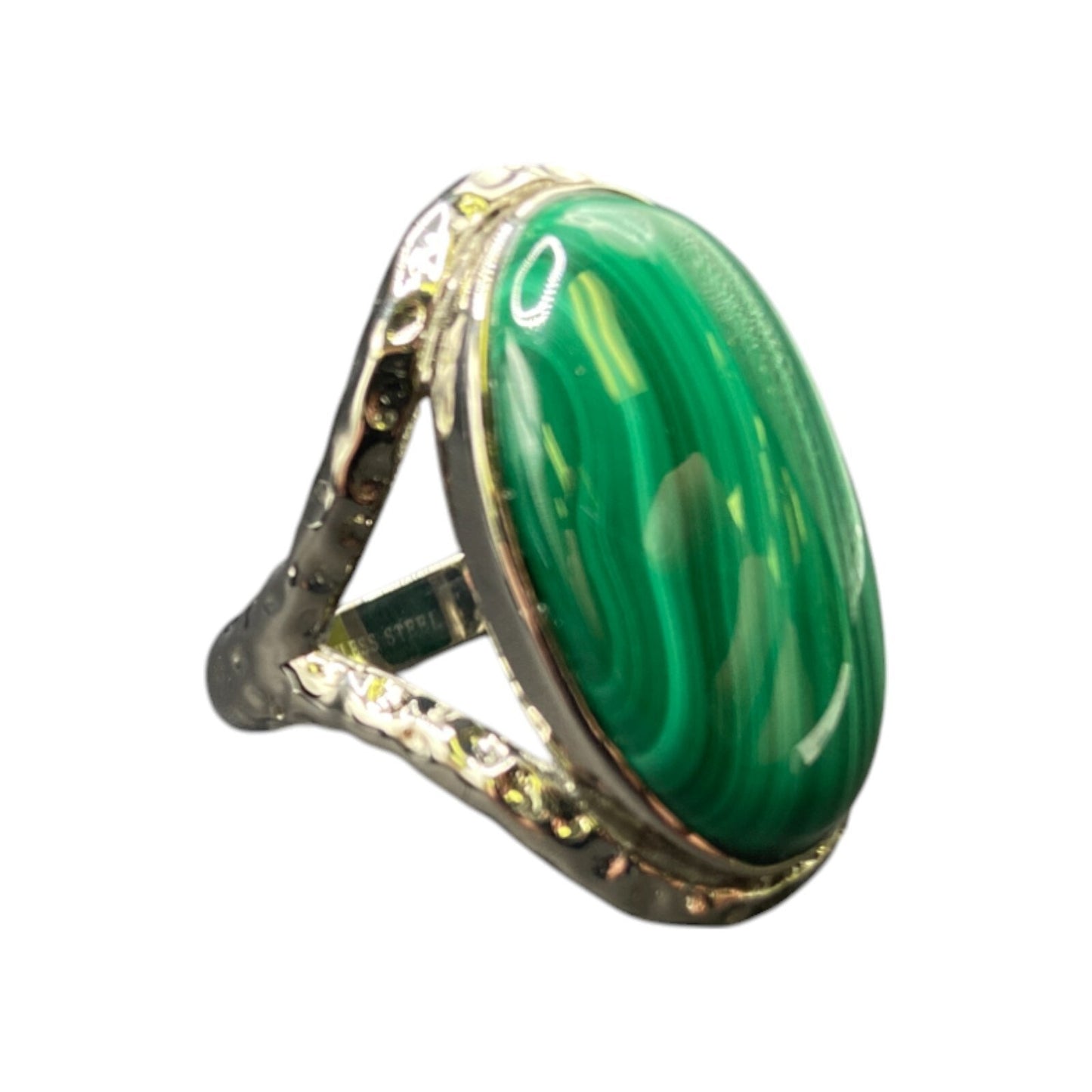 Malachite Ring Green Gemstone Oval Cabochon Hammered Stainless Steel GSJ Size 8