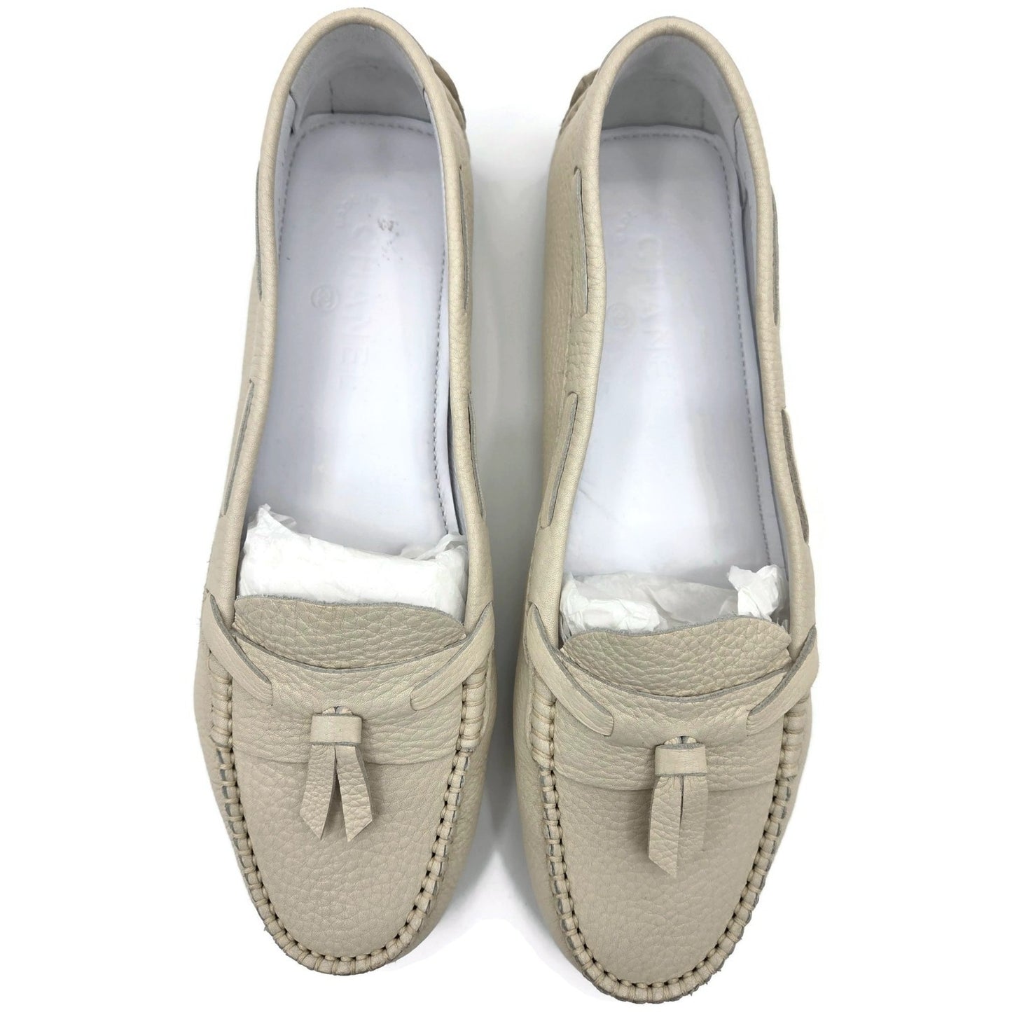 Chanel Womens Moccasin Loafers Ecru Beige Pebbled Leather Tassel Flats Size 40