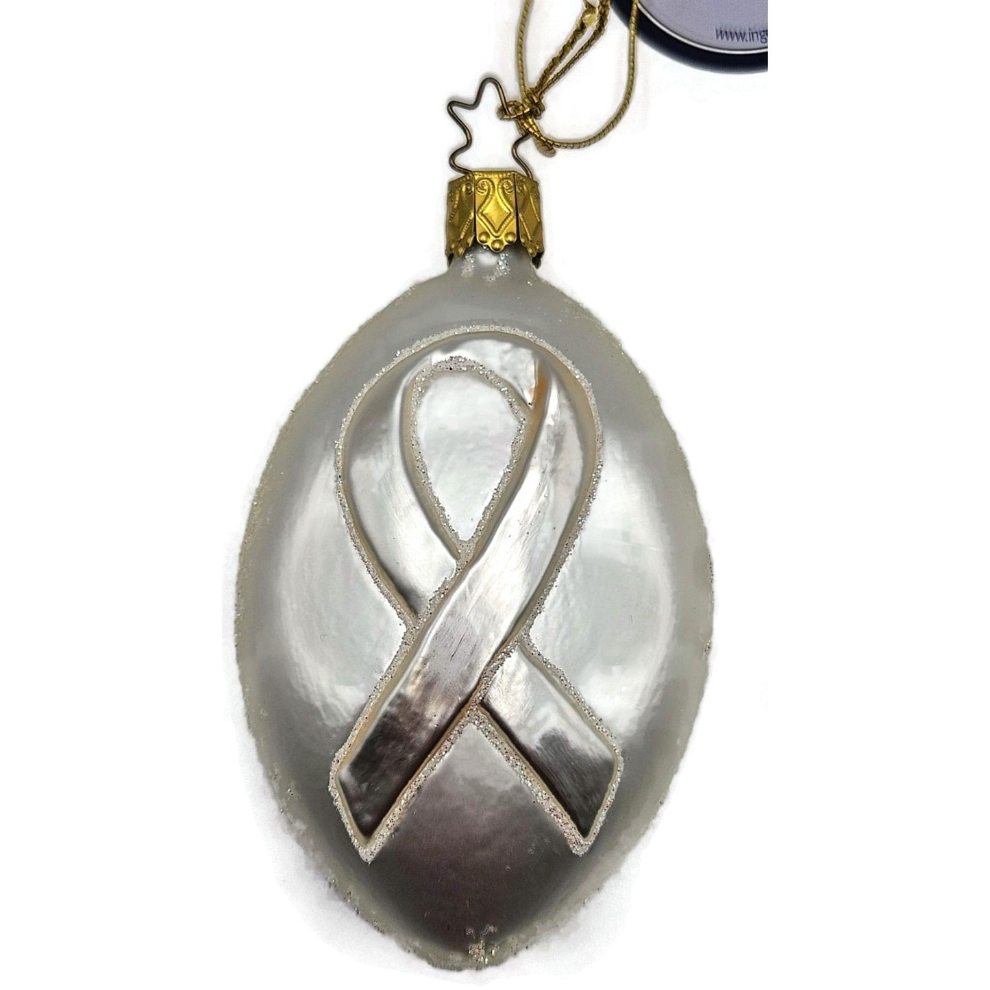 Inge Glass White Ribbon Glittered Glass Ornament German Christmas Tree Ornament