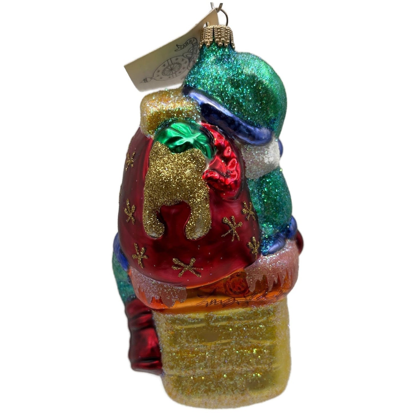 Larry Fraga Dropping In Green Santa Claus Chimney Christmas Tree Ornament