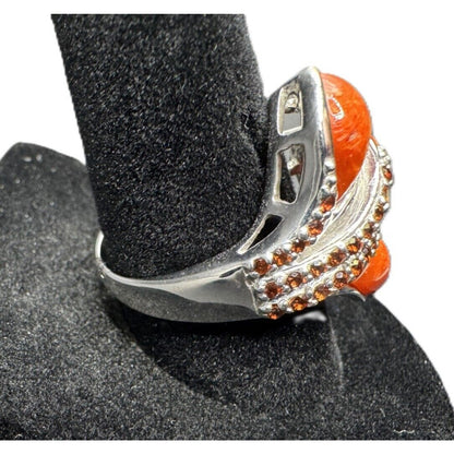 NF 925 Signed Sterling Silver Ring Teardrop Shape Sponge Coral Rhinestone Size 7