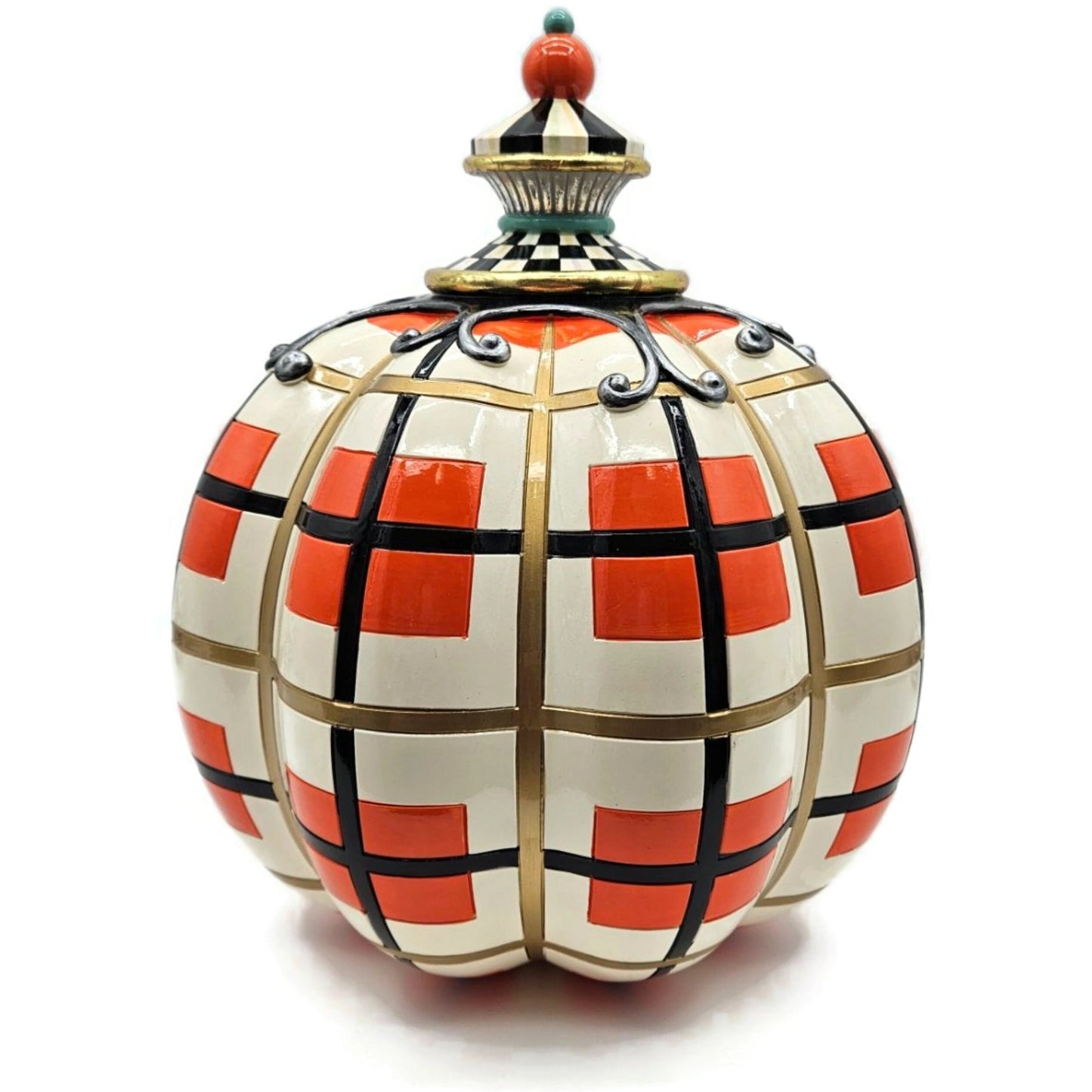 MacKenzie-Childs Parchment Check Pumpkin Halloween Plaid Orange Black