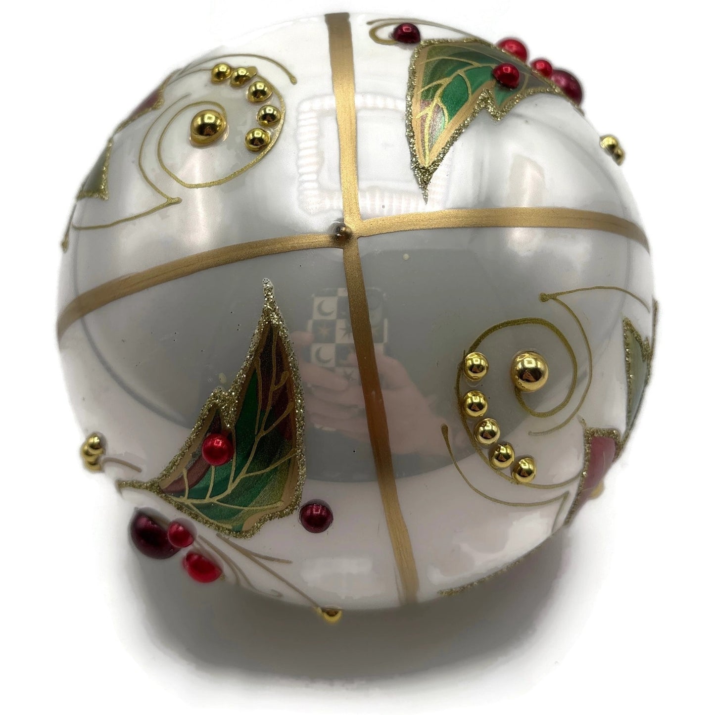 Glitter Lab Christmas Patterns Poinsettia Leaves White Orb Ball Holiday Ornament