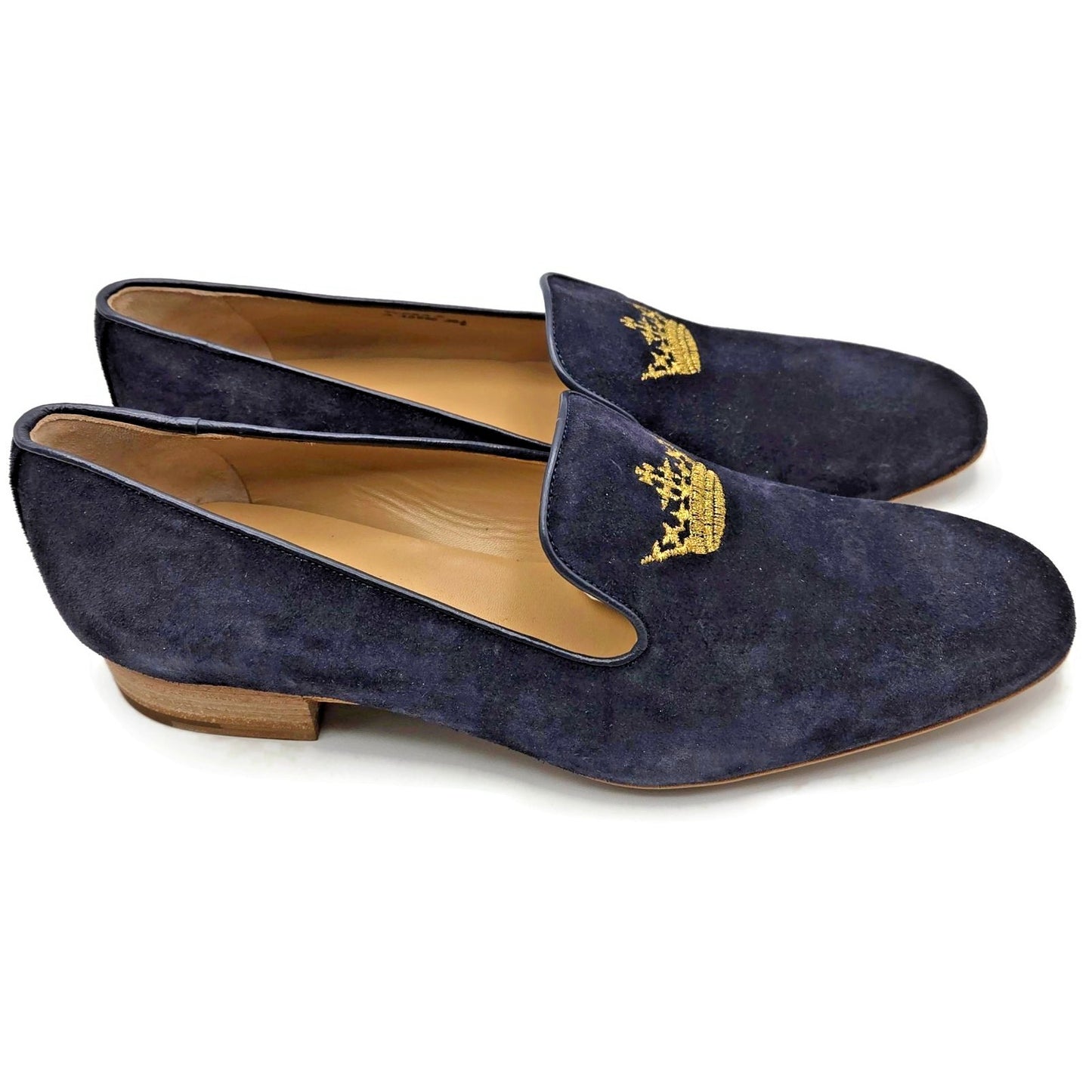 Churchs Flora 2 Dark Blue Suede Loafers Rare Crown Embroidered Luxury Shoes