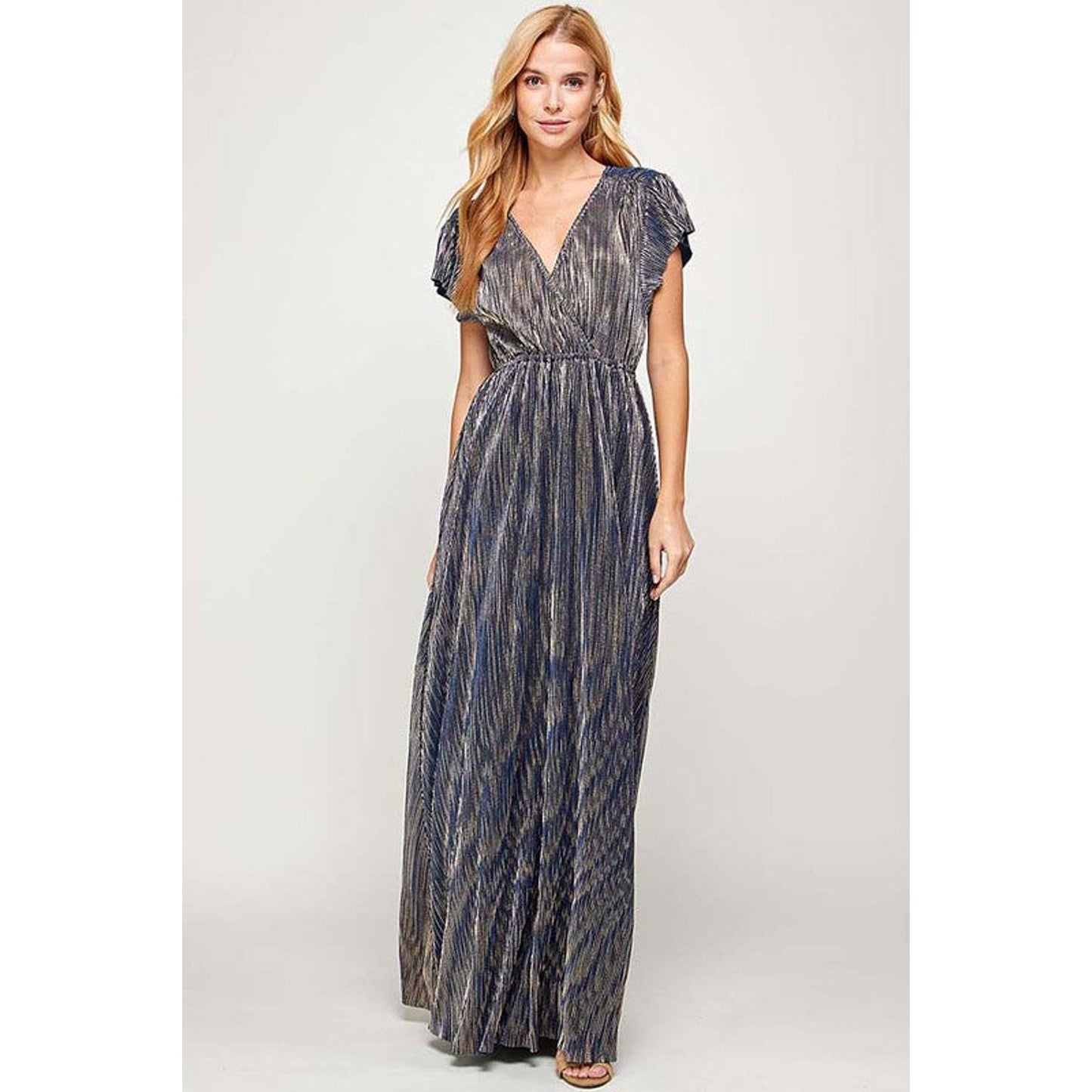 Ladies Small Holiday Maxi Dress Navy Blue Gold Shimmer V-Neck 62 inch