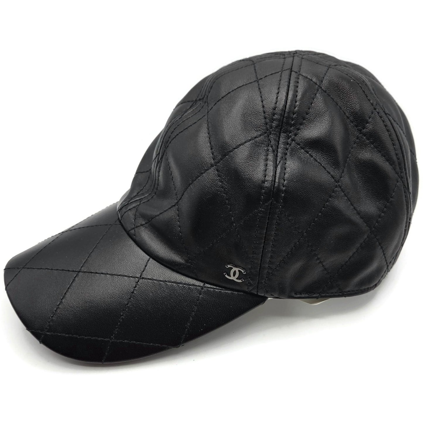 Chanel CC Logo Quilted Lambskin Leather Baseball Cap Hat Black Medium 15B Rare