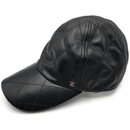 Chanel CC Logo Quilted Lambskin Leather Baseball Cap Hat Black Medium 15B Rare