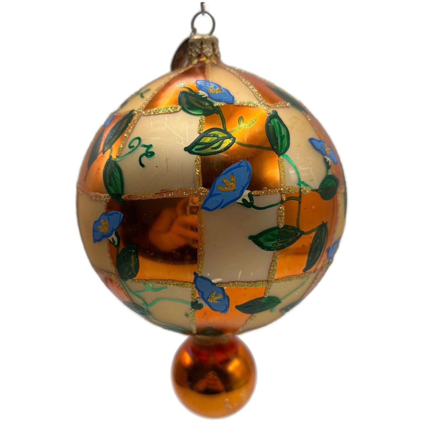 Christopher Radko Heavenly Blue Morning Glory Orange Glass Christmas Ornament