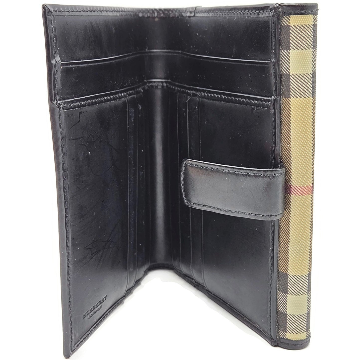 Burberry London Vintage Nova Check Leather Snap Bi-Fold Wallet Black Beige Plaid