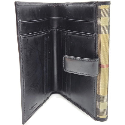 Burberry London Vintage Nova Check Leather Snap Bi-Fold Wallet Black Beige Plaid