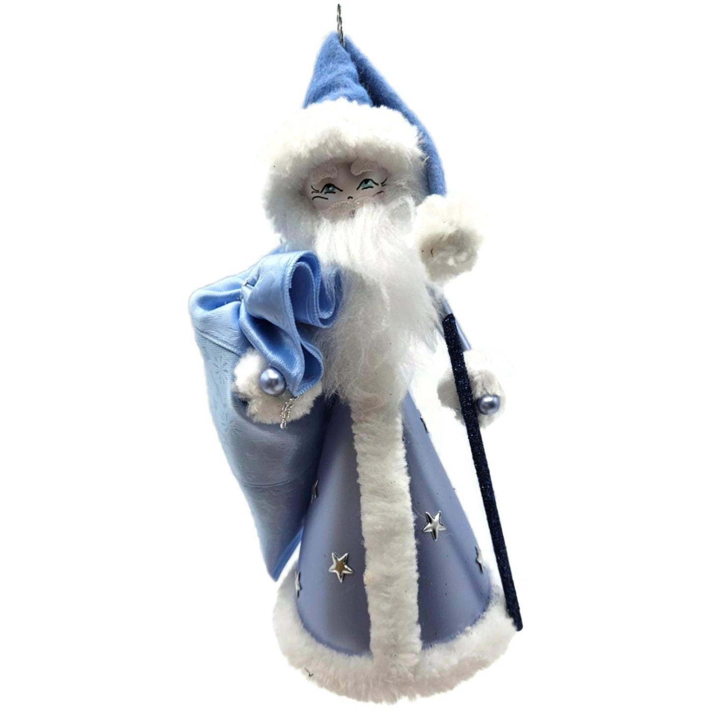 De Carlini Blue Santa With Bag Stars Italian Glass Fabric Christmas Ornament