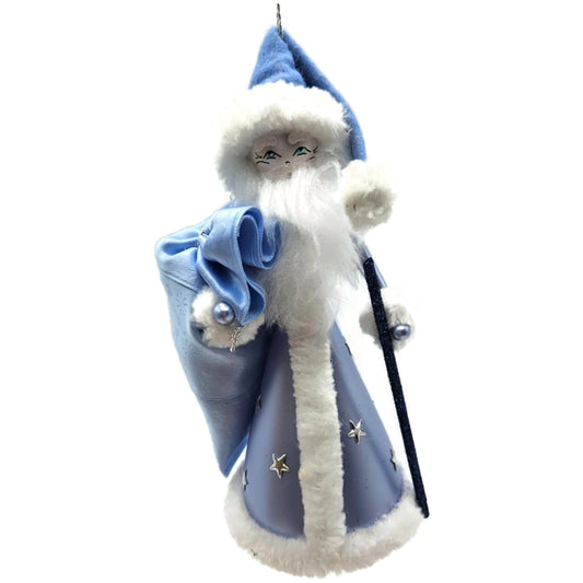 De Carlini Blue Santa With Bag Stars Italian Glass Fabric Christmas Ornament
