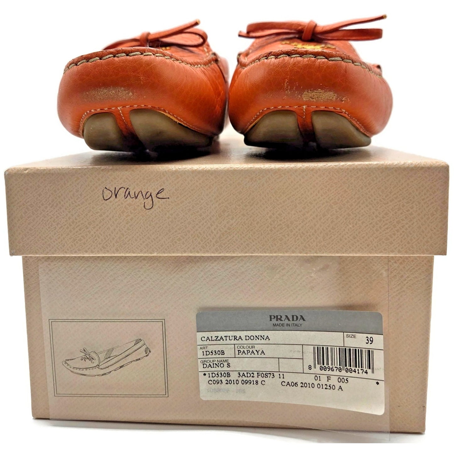 Prada Orange Papaya Pebbled Leather Loafers Slip On Driving Flats Womens Size 39
