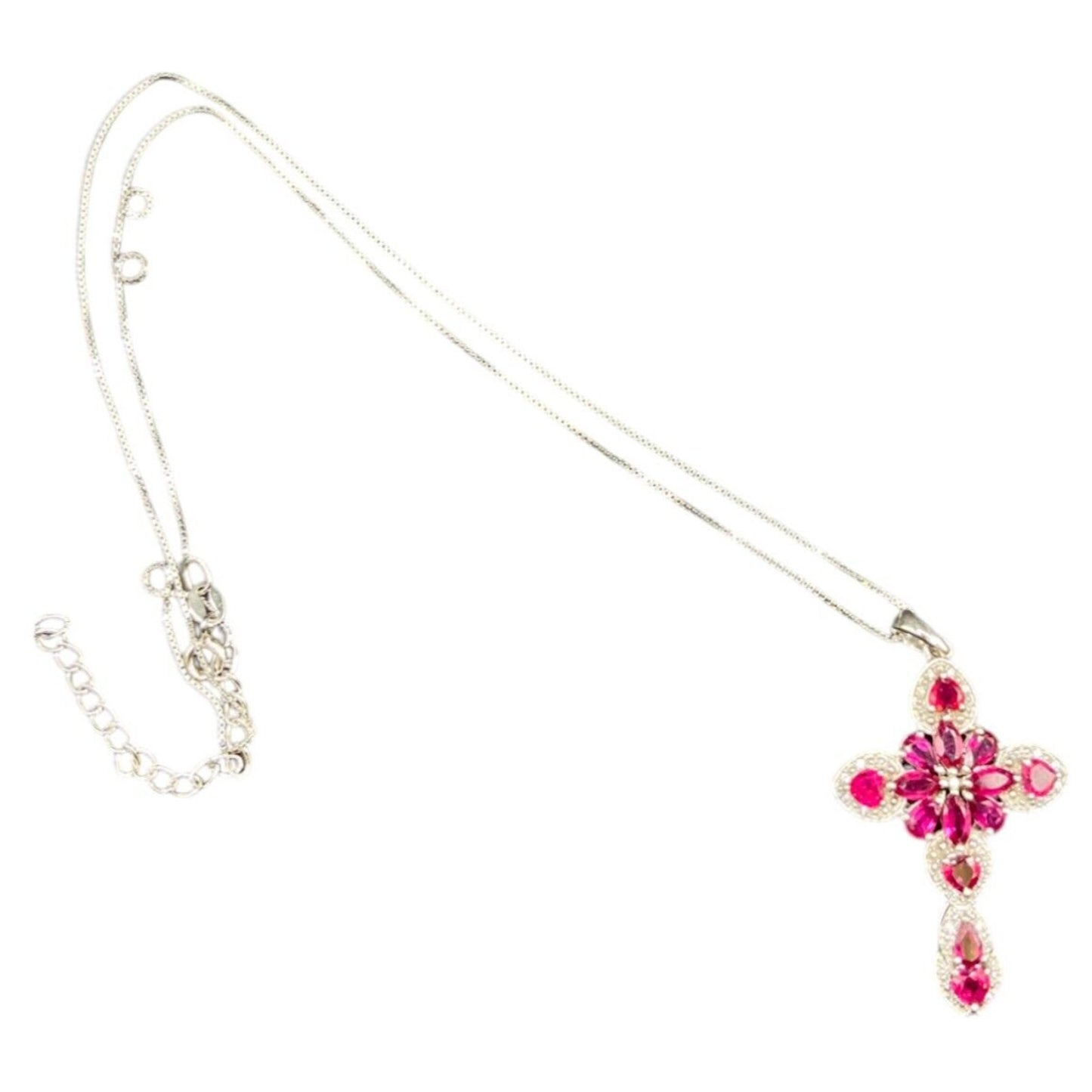 Red Mahaleo Ruby Rhodium Cross Pendant 925 Sterling Box Chain Necklace