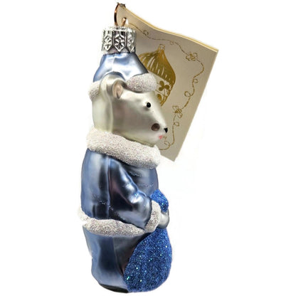 Patricia Breen Festive Mouse Light Blue Hand Blown Glass Christmas Tree Ornament