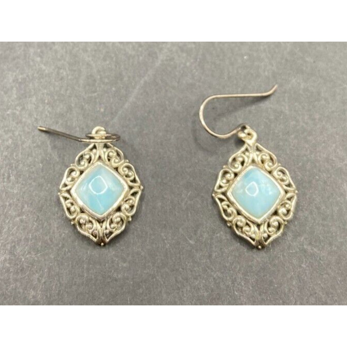 Larimar Fish Hook Earrings Cushion Cut Gemstone 925 Sterling Silver NK Thailand